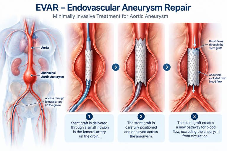 EVAR endovascular aneurysm repair showing stent graft deployment