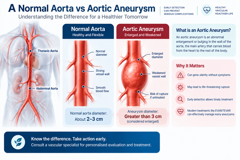 Normal aorta compared with an aortic aneurysm